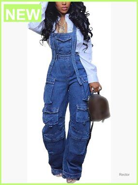 Cargo Denim Overall Jumpsuit Wide Leg Baggy Stretch Jean Romper